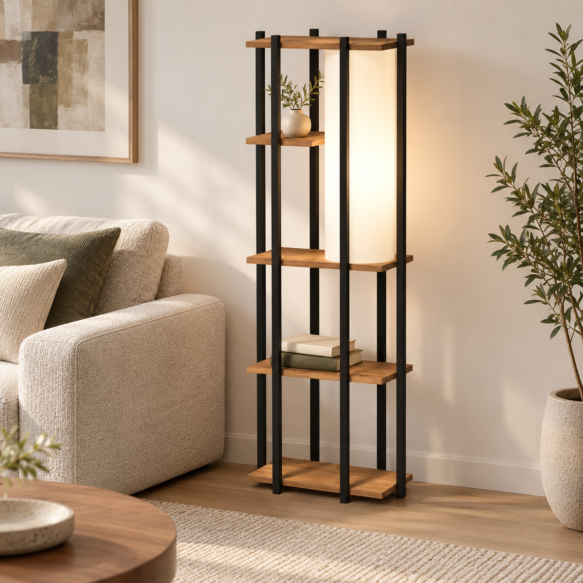 Βιβλιοθήκη Derena pakoworld oak με μαύρο μέταλλο 60x29x160εκ
