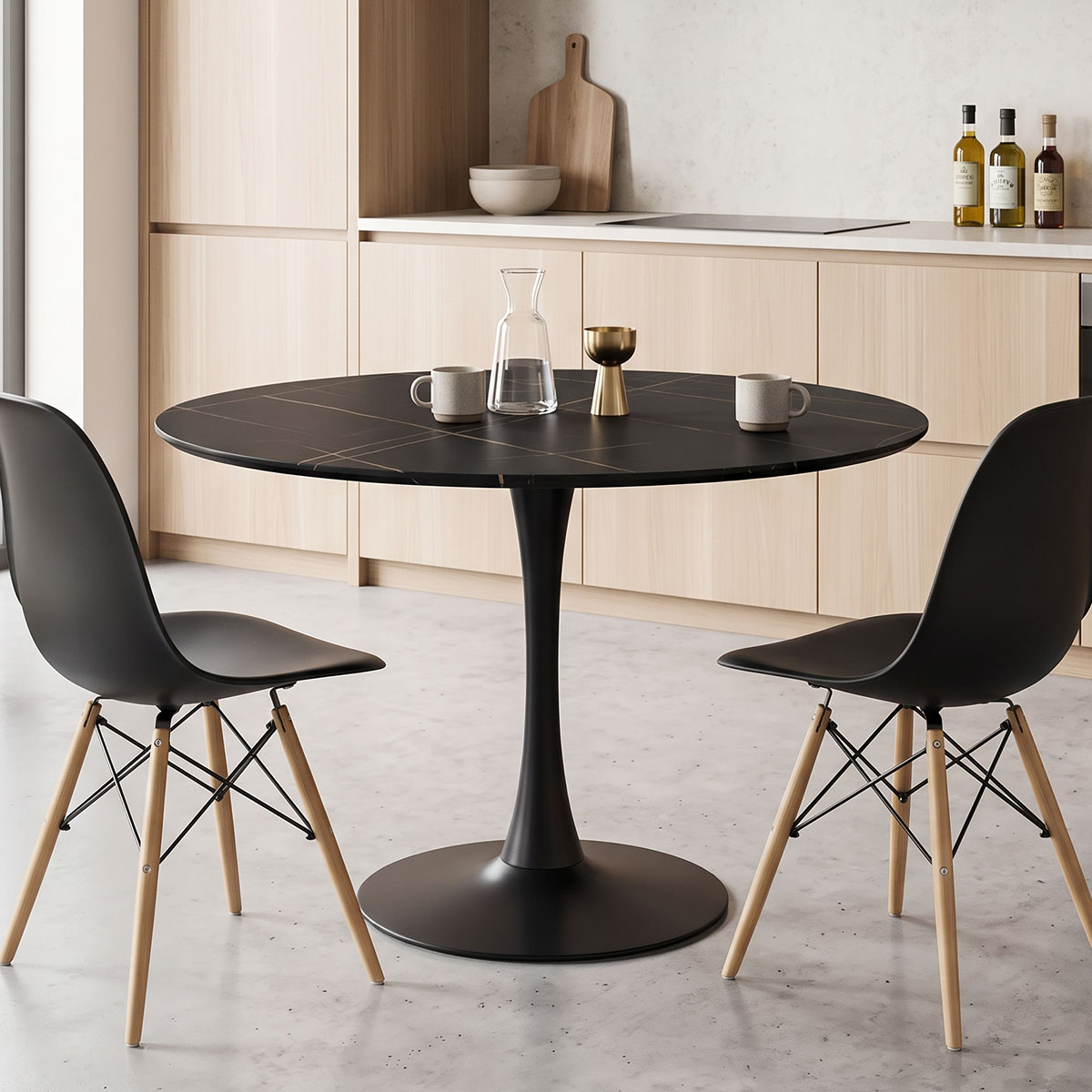 Tραπέζι Balou pakoworld sintered stone σε μαύρη απόχρωση με όψη μαρμάρου-βάση μαύρο μέταλλο Φ120x73εκ