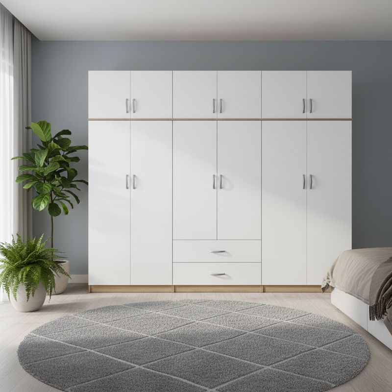 Ντουλάπα εξάφυλλη με πατάρι Athos I pakoworld sonoma-λευκή 240x42x240εκ