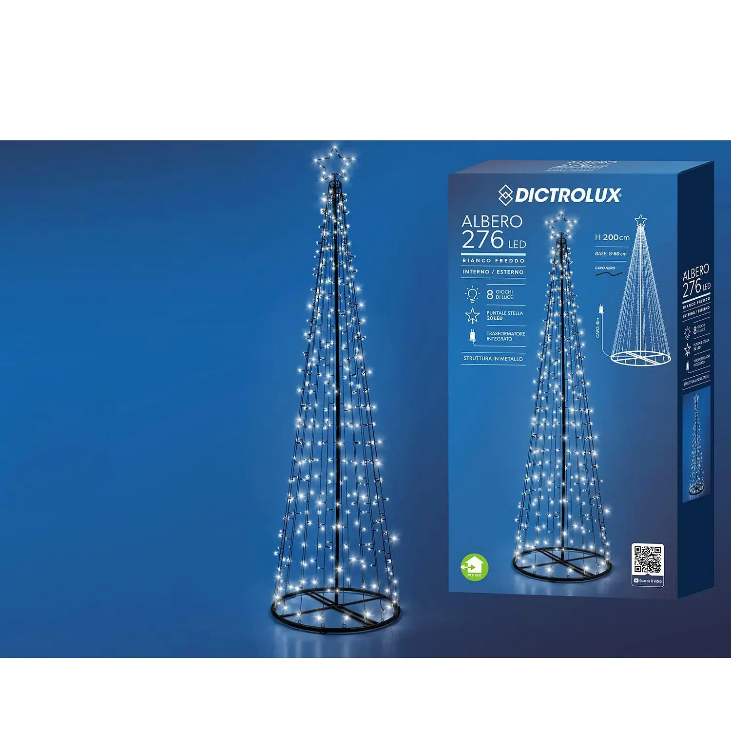 276 LED Δεντράκι Εσωτ. & Εξωτ. Χώρου Με 8 Προγράμματα Και Μετασχηματιστή Ψυχρό Λευκό Φως Φ60x200cm