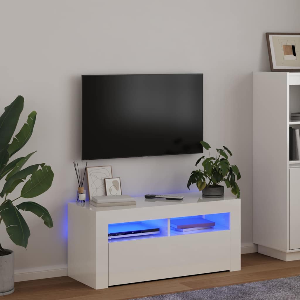 vidaXL Έπιπλο Τηλεόρασης με LED Γυαλιστερό Λευκό 90x35x40 εκ.