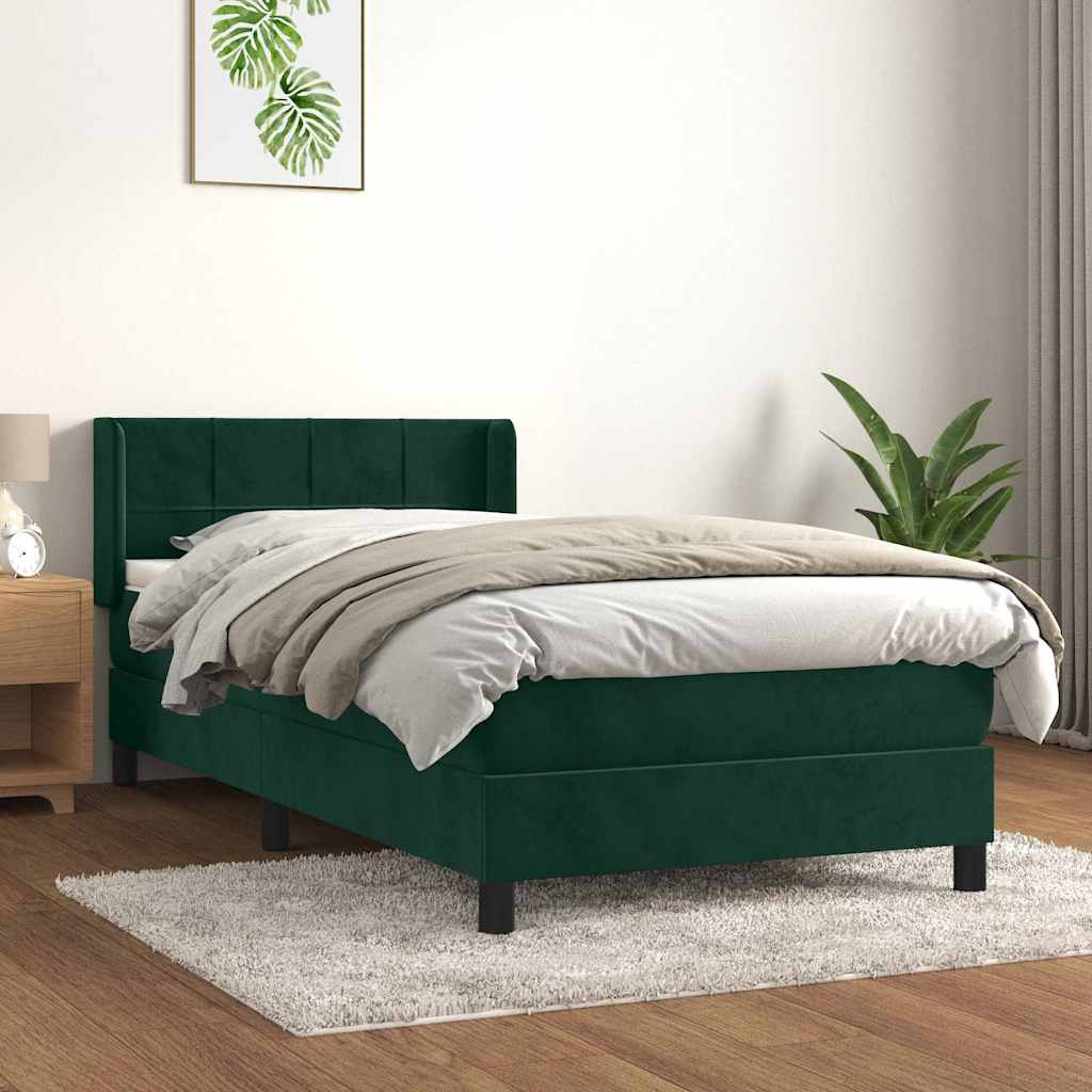 vidaXL Κρεβάτι Boxspring με Στρώμα Σκούρο Πράσινο 90x200 εκ. Βελούδινο