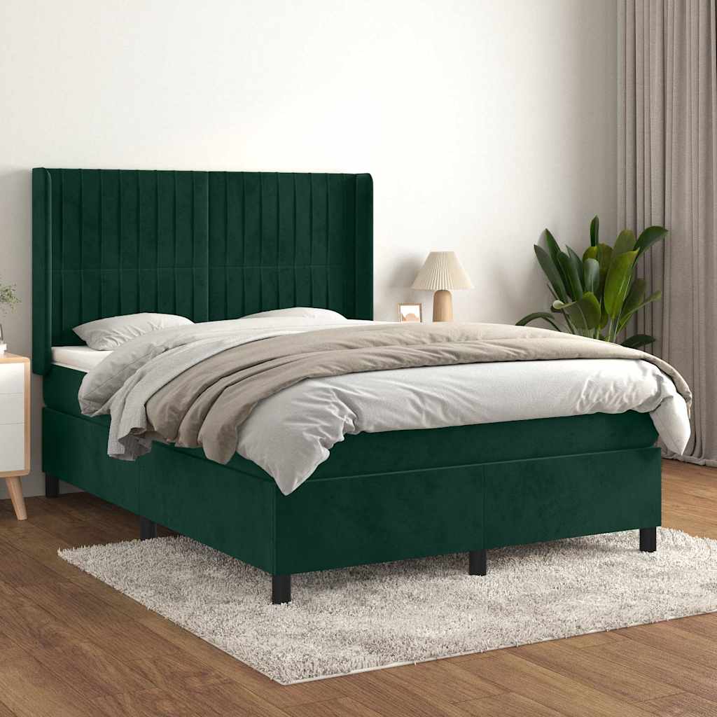vidaXL Κρεβάτι Boxspring με Στρώμα Σκούρο Πράσινο 140x190εκ. Βελούδινο