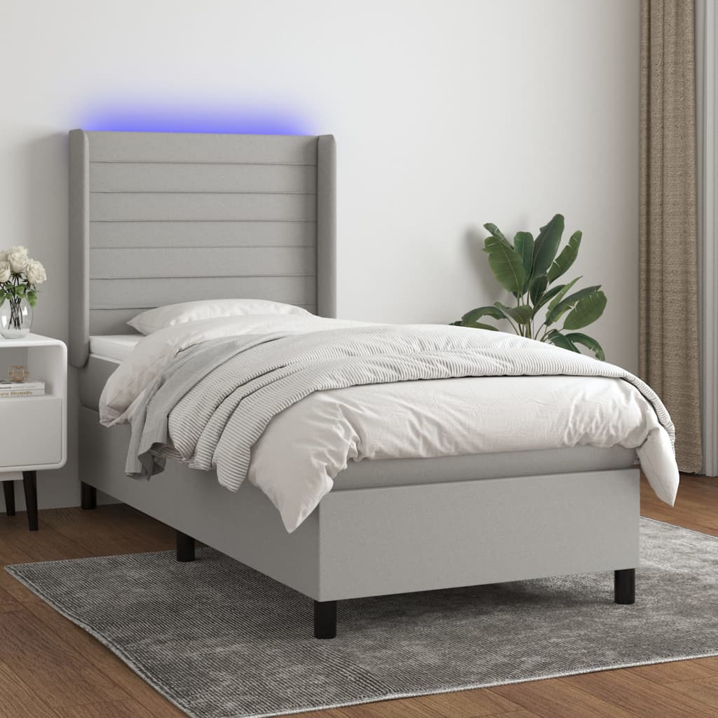 vidaXL Κρεβάτι Boxspring με Στρώμα & LED Αν.Γκρι 100x200εκ. Υφασμάτινο
