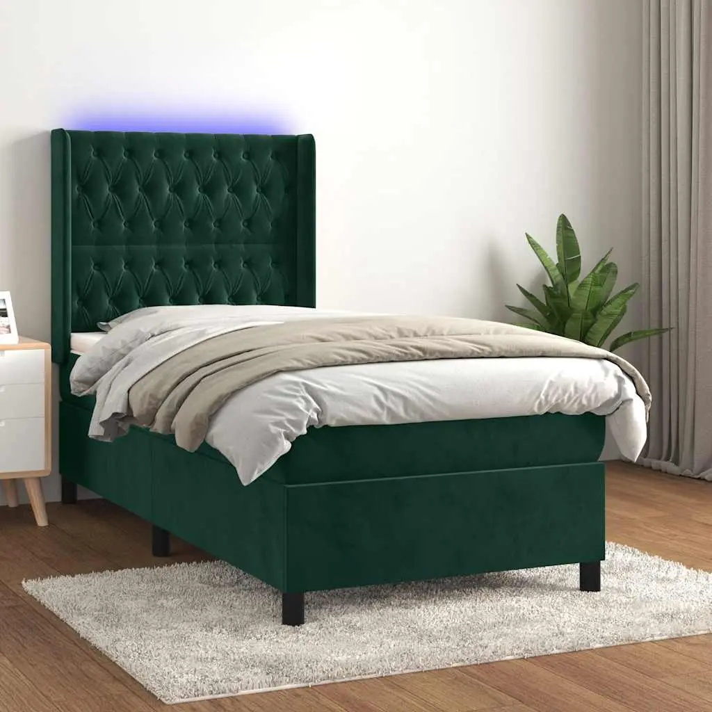 vidaXL Κρεβάτι Boxspring με Στρώμα & LED Σκ. Πράσινο 100x200εκ Βελούδο