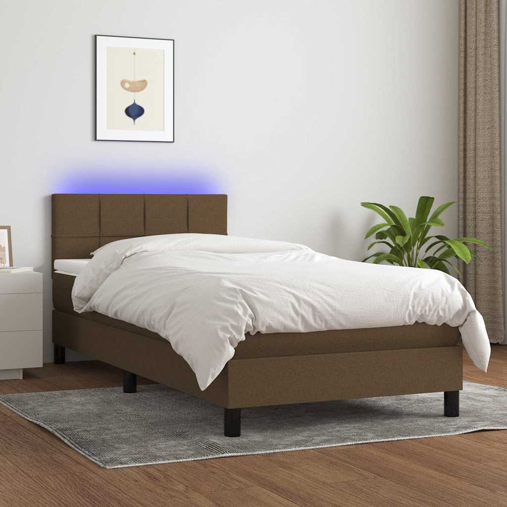 vidaXL Κρεβάτι Boxspring με Στρώμα & LED Σκ.Καφέ 100x200 εκ Υφασμάτινο