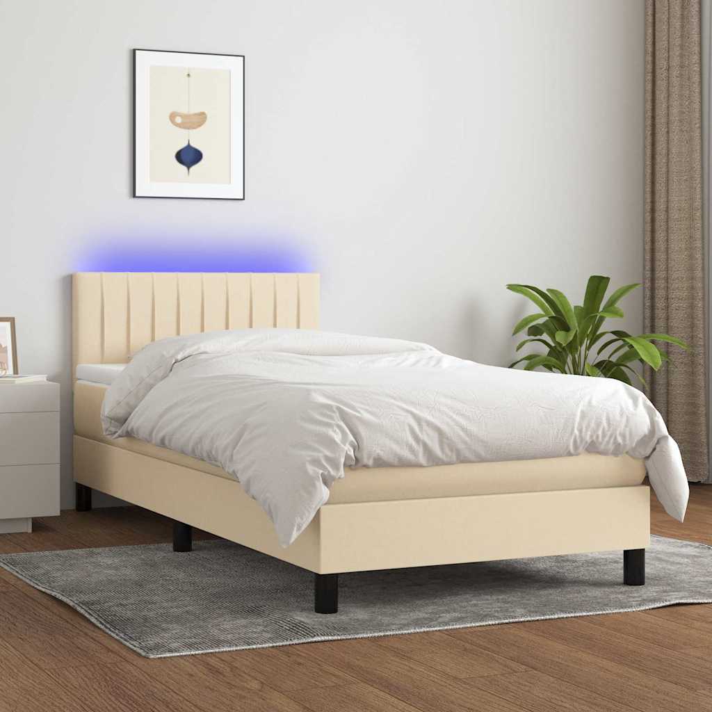vidaXL Κρεβάτι Boxspring με Στρώμα & LED Κρεμ 90x200 εκ. Υφασμάτινο
