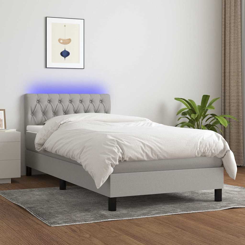 vidaXL Κρεβάτι Boxspring με Στρώμα & LED Αν.Γκρι 90x200 εκ. Υφασμάτινο