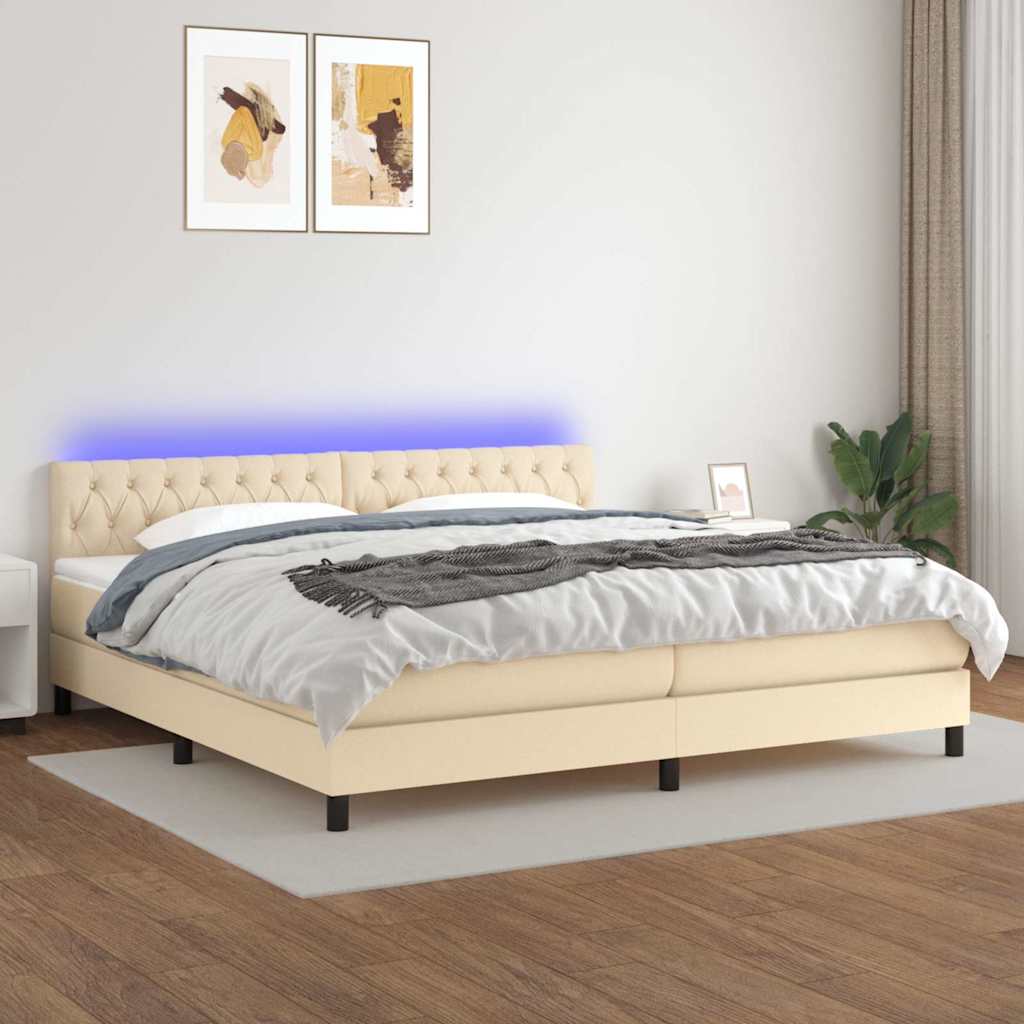 vidaXL Κρεβάτι Boxspring με Στρώμα & LED Κρεμ 200x200 εκ. Υφασμάτινο