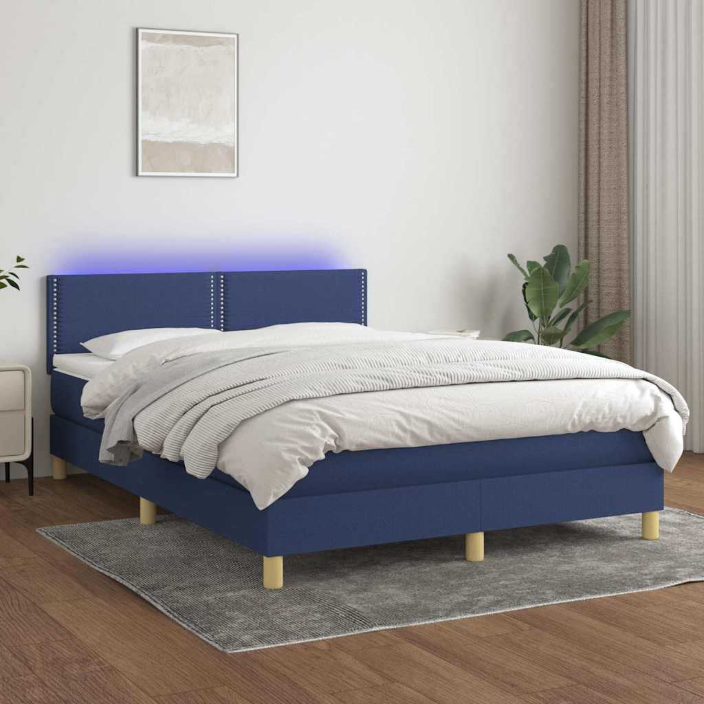 vidaXL Κρεβάτι Boxspring με Στρώμα & LED Μπλε 140x190 εκ. Υφασμάτινο