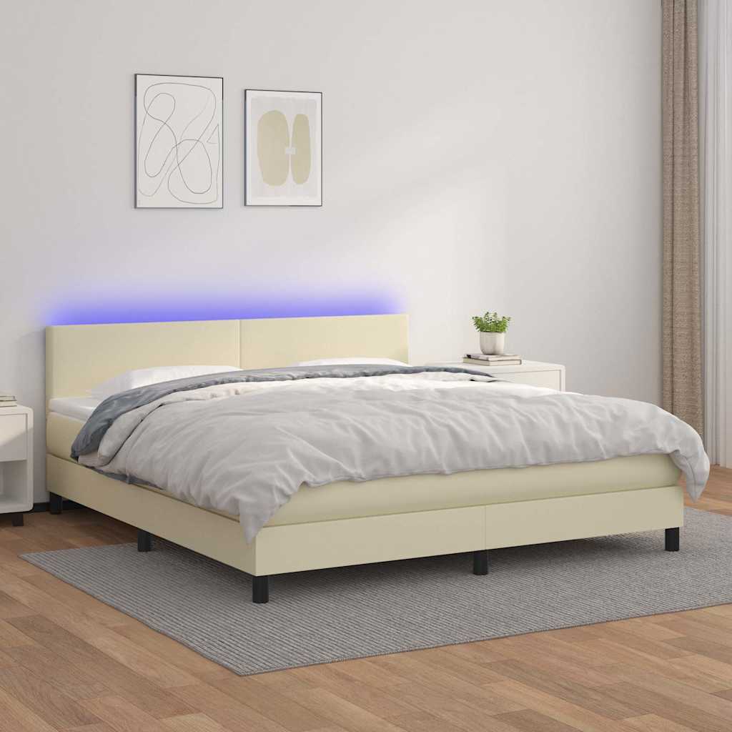 vidaXL Κρεβάτι Boxspring με Στρώμα & LED Κρεμ 160x200 εκ. Συνθ. Δέρμα