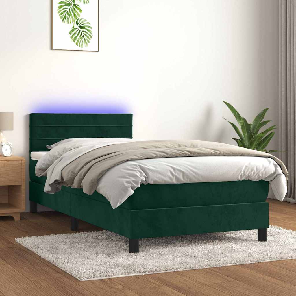 vidaXL Κρεβάτι Boxspring με Στρώμα & LED Σκ. Πράσινο 80x200 εκ Βελούδο