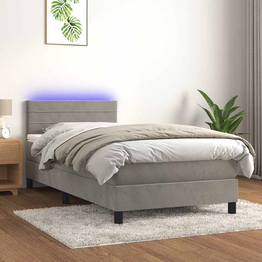 vidaXL Κρεβάτι Boxspring με Στρώμα & LED Αν.Γκρι 100x200 εκ. Βελούδινο