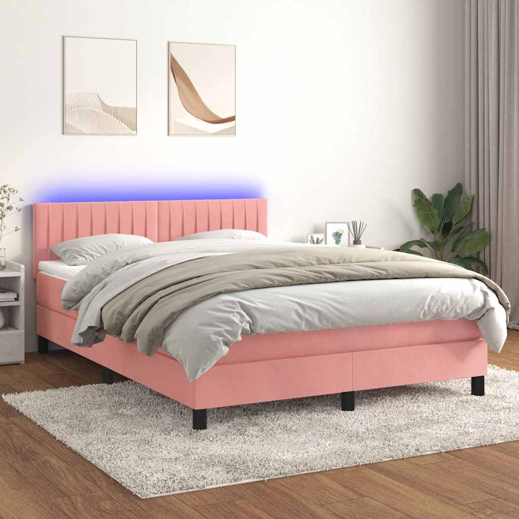 vidaXL Κρεβάτι Boxspring με Στρώμα & LED Ροζ 140x200 εκ. Βελούδινο