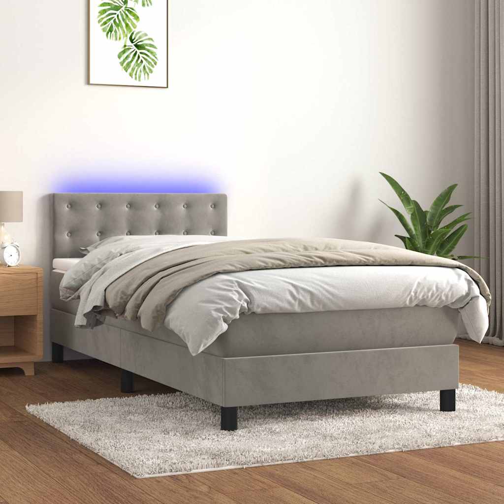 vidaXL Κρεβάτι Boxspring με Στρώμα & LED Αν.Γκρι 100x200 εκ. Βελούδινο