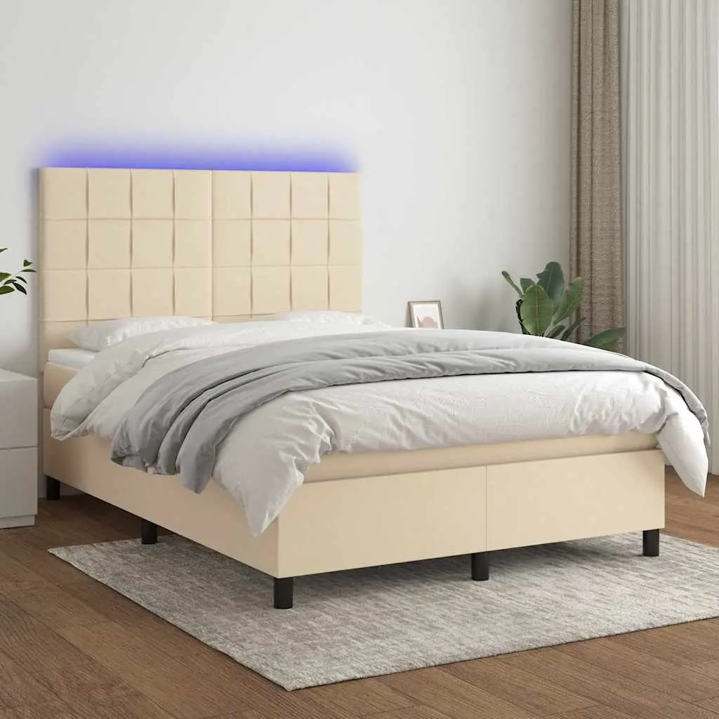 vidaXL Κρεβάτι Boxspring με Στρώμα & LED Κρεμ 140x190 εκ. Υφασμάτινο