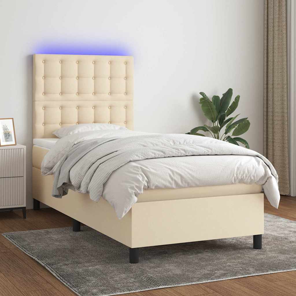 vidaXL Κρεβάτι Boxspring με Στρώμα & LED Κρεμ 90x190 εκ. Υφασμάτινο