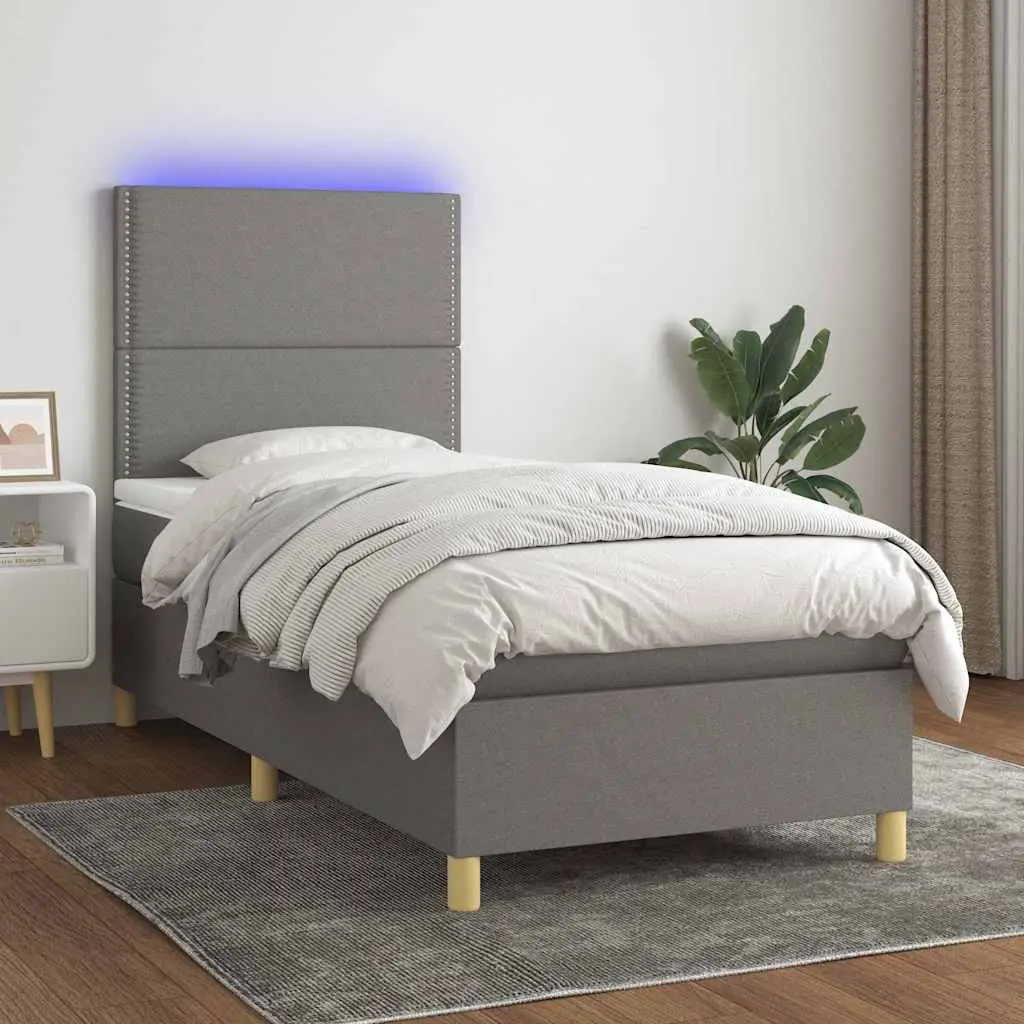 vidaXL Κρεβάτι Boxspring με Στρώμα & LED Σκ.Γκρι 90x190 εκ. Υφασμάτινο
