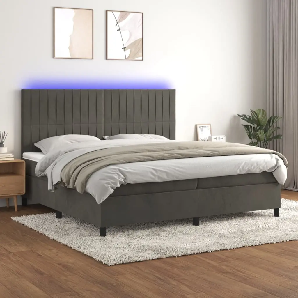 vidaXL Κρεβάτι Boxspring με Στρώμα & LED Σκ. Γκρι 200x200εκ. Βελούδινο