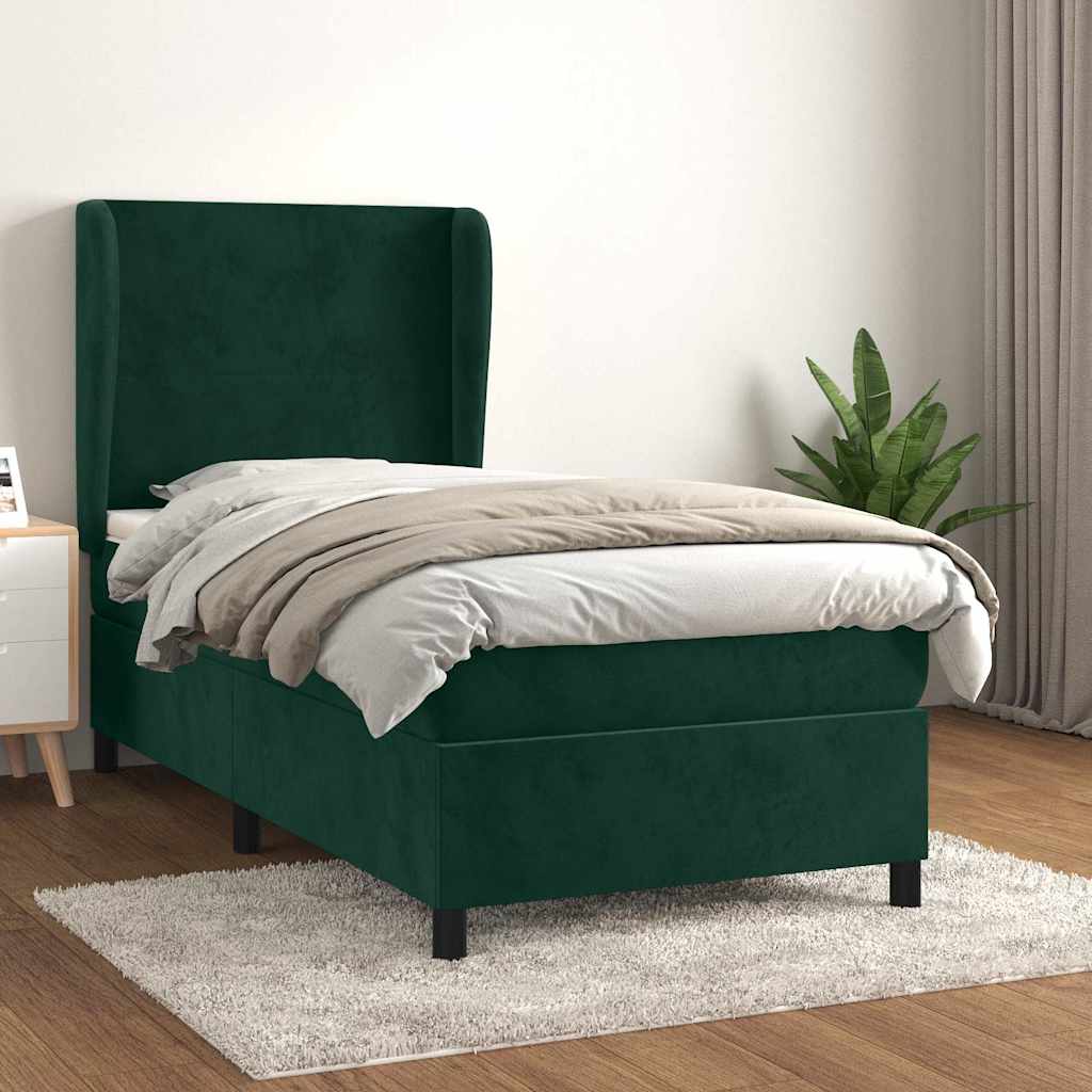 vidaXL Κρεβάτι Boxspring με Στρώμα Σκούρο Πράσινο 90x200 εκ. Βελούδινο