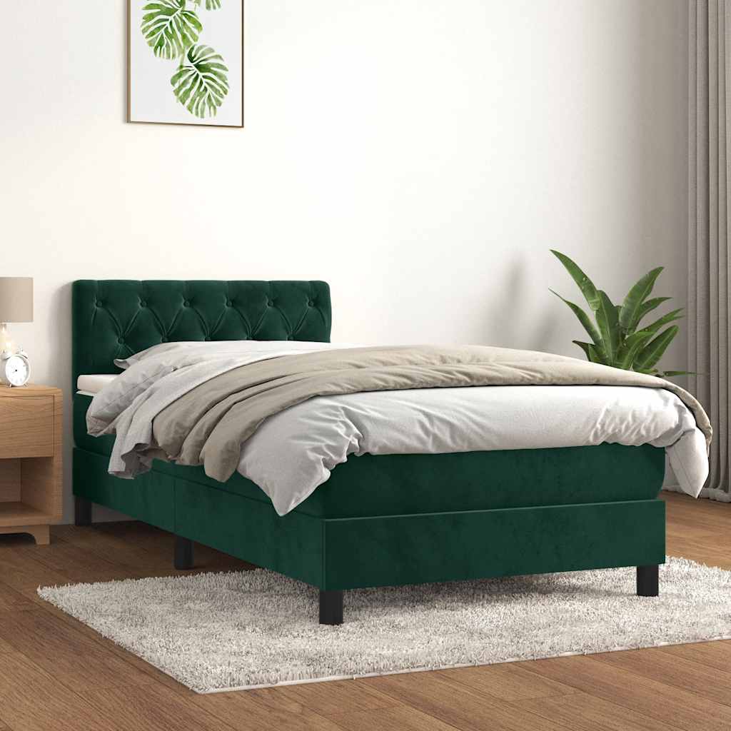 vidaXL Κρεβάτι Boxspring με Στρώμα Σκούρο Πράσινο 90x200 εκ. Βελούδινο