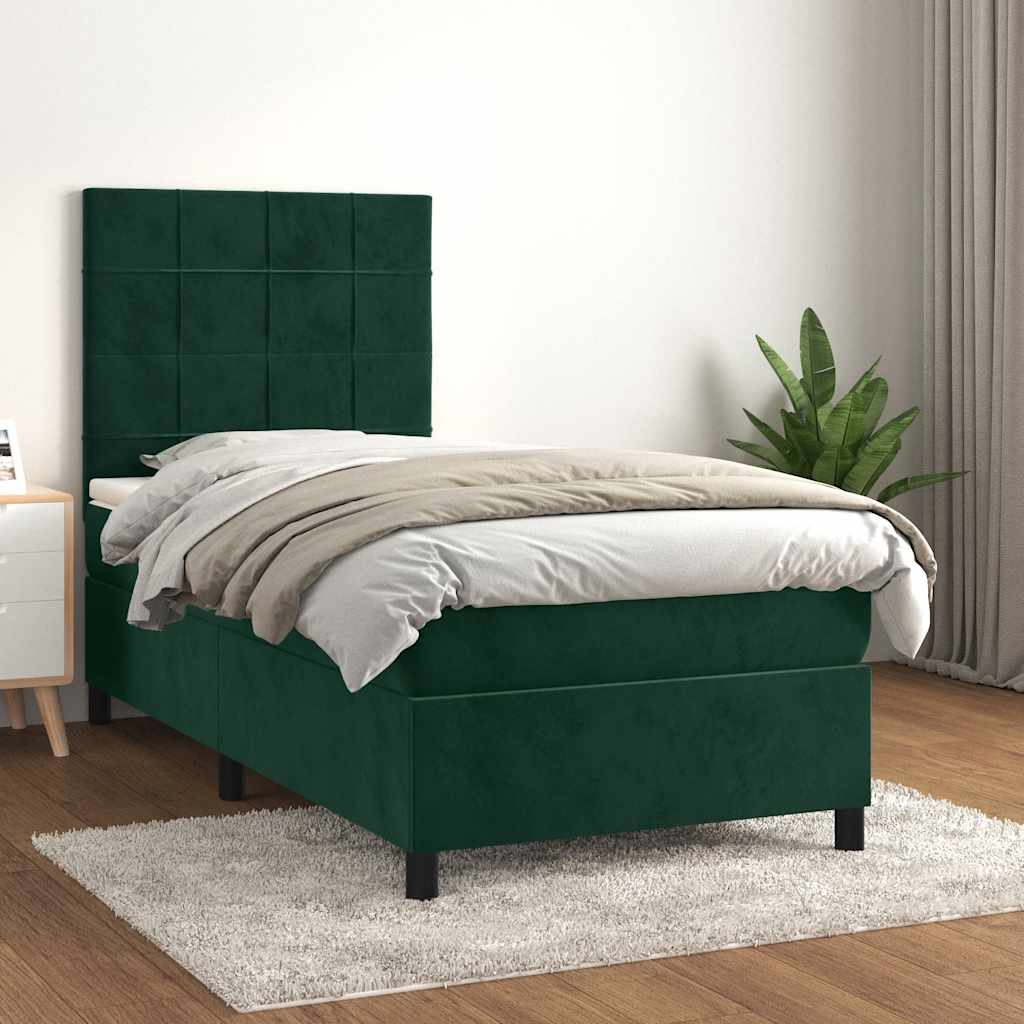 vidaXL Κρεβάτι Boxspring με Στρώμα Σκούρο Πράσινο 100x200εκ. Βελούδινο