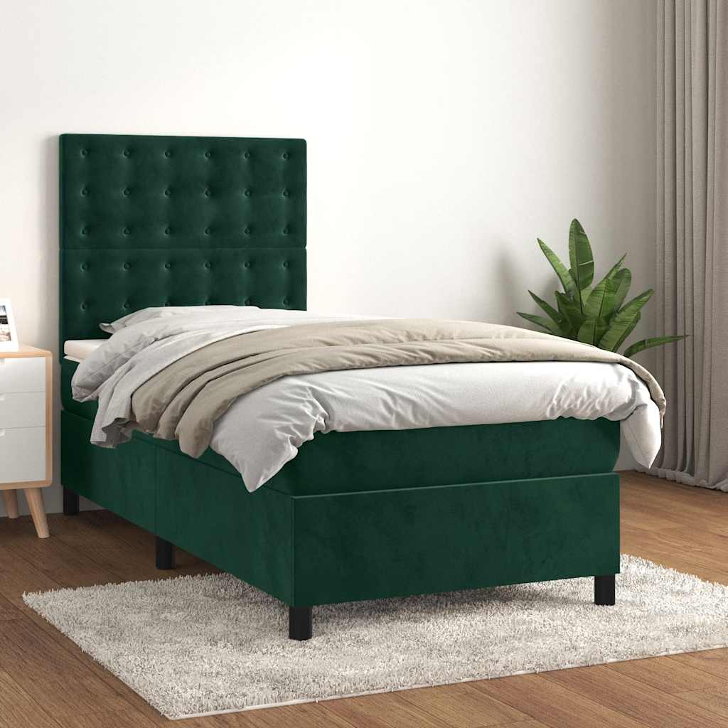 vidaXL Κρεβάτι Boxspring με Στρώμα Σκούρο Πράσινο 100x200εκ. Βελούδινο