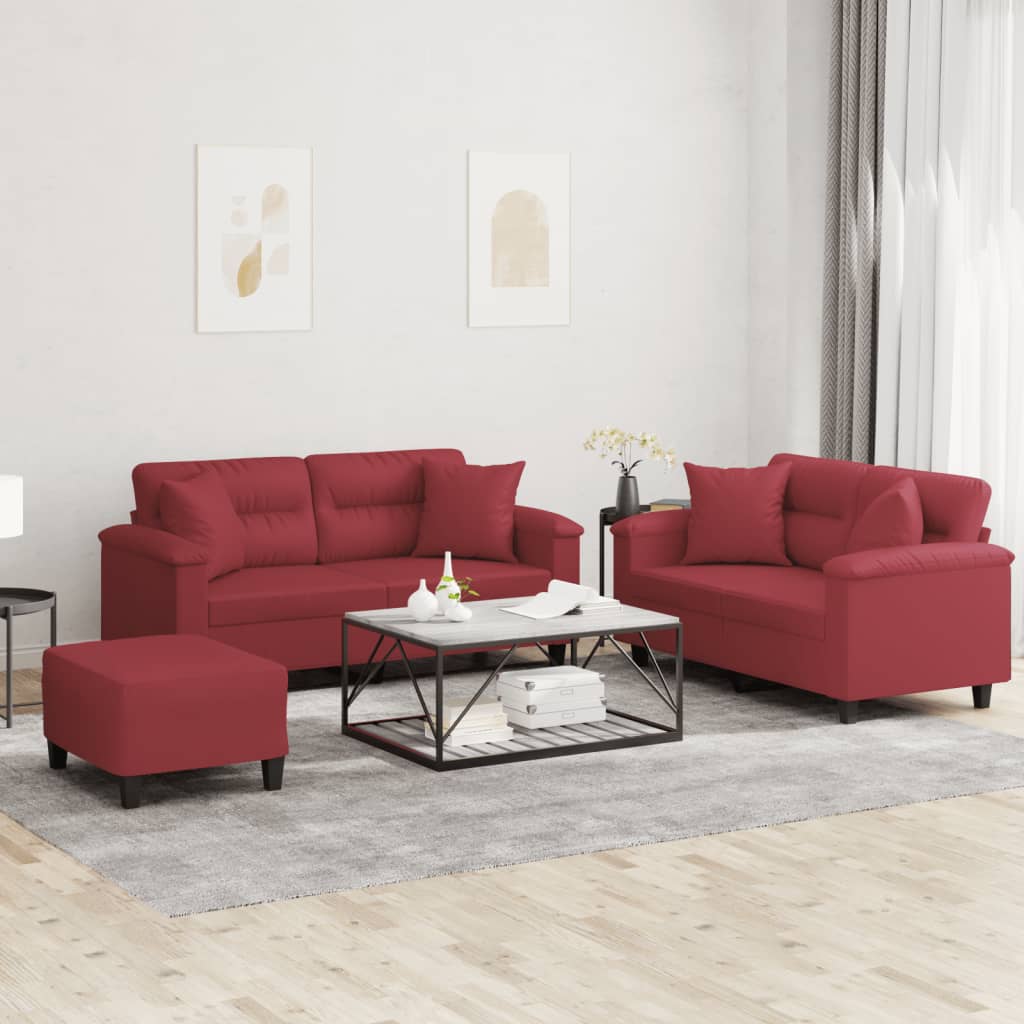 vidaXL Σετ Σαλονιού 3 Τεμαχίων Μπορντό Συνθετικό Δέρμα με Μαξιλάρια
