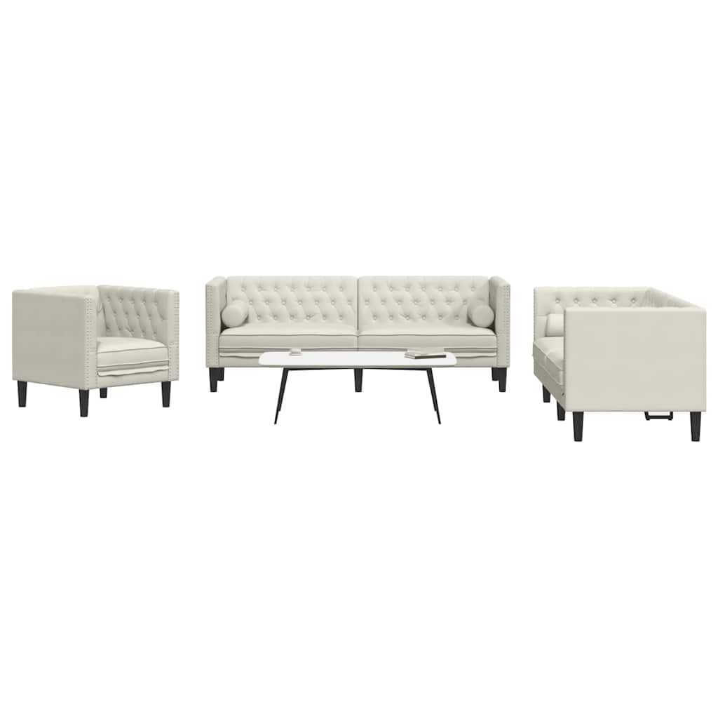 vidaXL Σετ Καναπέδων Chesterfield 3 Τεμαχίων με Βάσεις, Κρεμ Βελούδινο
