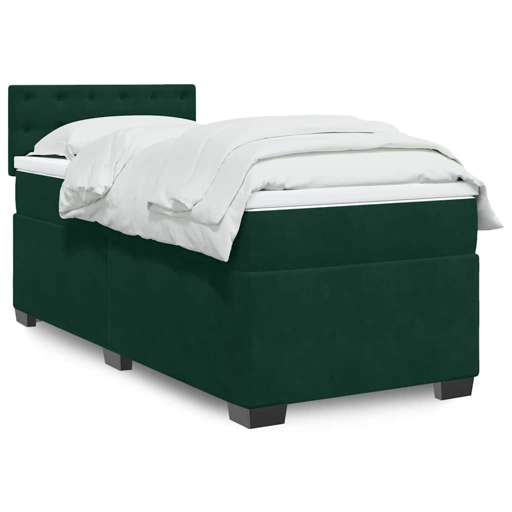 vidaXL Κρεβάτι Boxspring με Στρώμα Σκούρο Πράσινο 90x200 εκ. Βελούδινο
