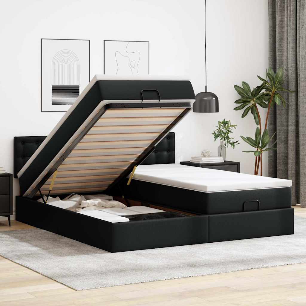 vidaXL Οθωμανικό κρεβάτι με στρώματα Μαύρο 180x200cm Faux Leather