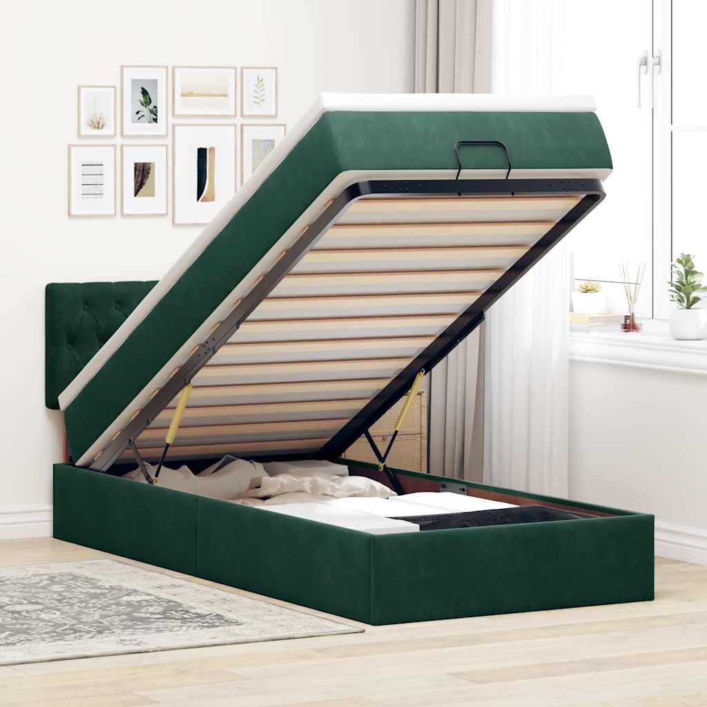 vidaXL Οθωμανικό κρεβάτι με στρώμα & LEDs Dark Green 100x200cm Velvet