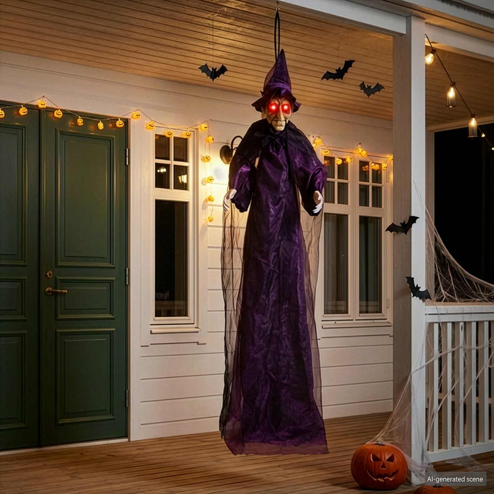 vidaXL Κρεμαστή μάγισσα Halloween που μιλάει Μοβ 216 x 125 εκ