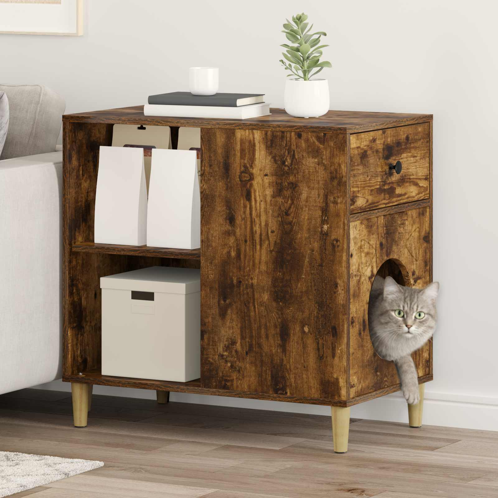 vidaXL Σπίτι Γάτας Καπνισμένο Ξύλο Δρυός 72 x 42,5 x 70 εκ.