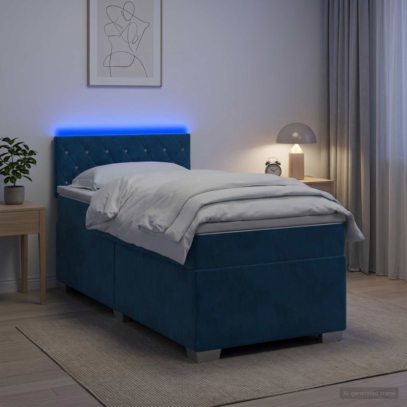 vidaXL Κρεβάτι Box Spring με Στρώμα και LED Μπλε 90 x 190 cm Βελούδο