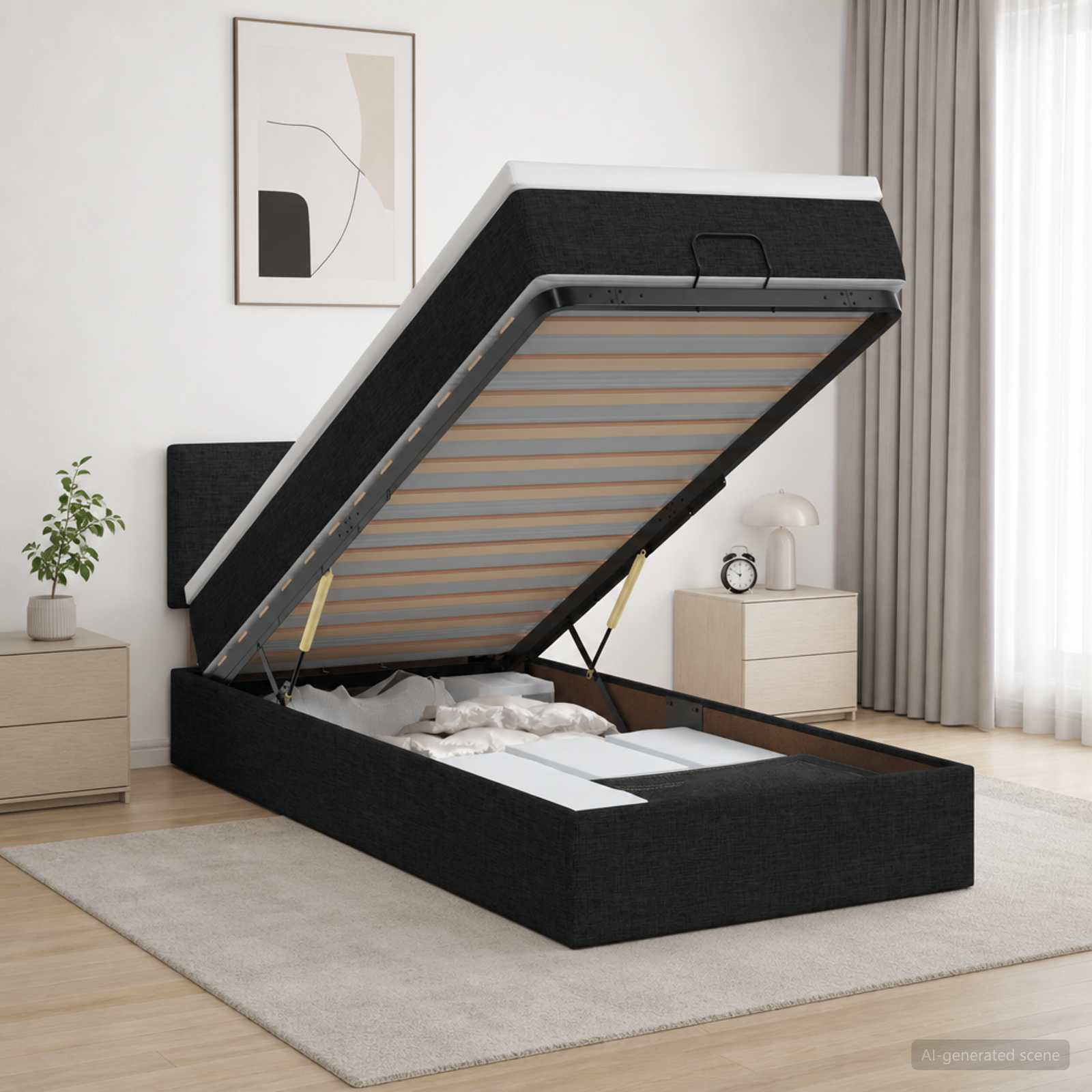 vidaXL Κρεβάτι Ottoman με Στρώμα και LED Μαύρο 90 x 190 cm Ύφασμα