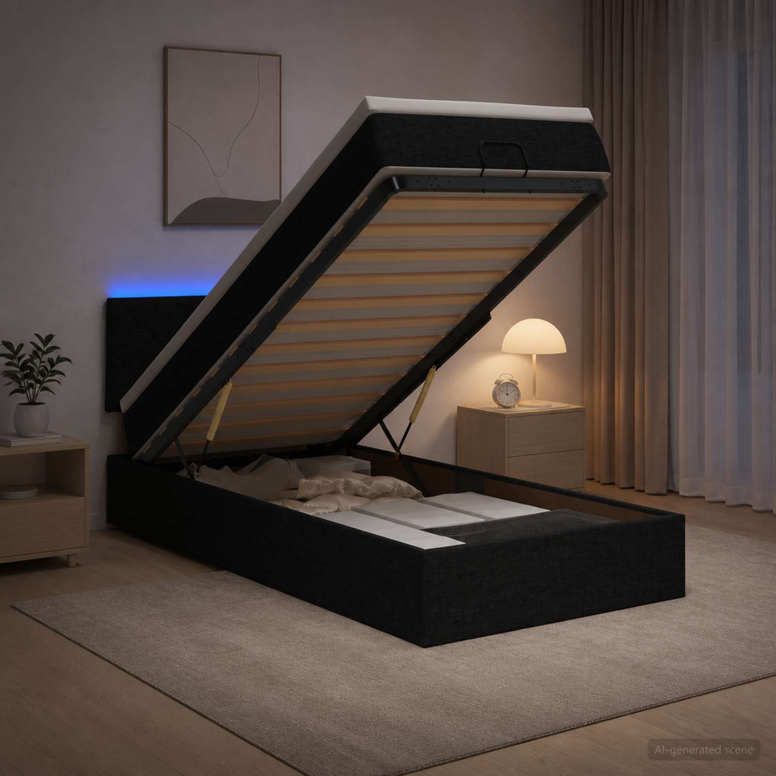 vidaXL Κρεβάτι Ottoman με Στρώμα και LED Μαύρο 90 x 200 cm Ύφασμα