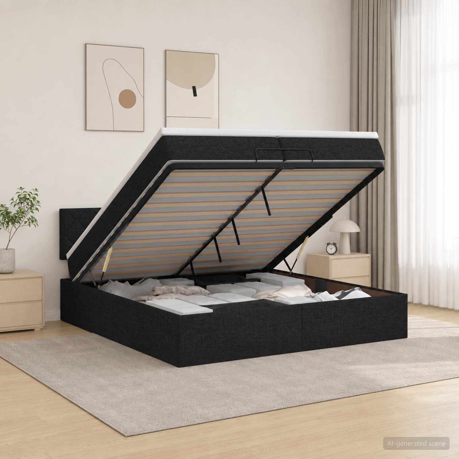 vidaXL Κρεβάτι Ottoman με στρώμα με κεφαλάρι Μαύρο 200 x 200 cm Ύφασμα
