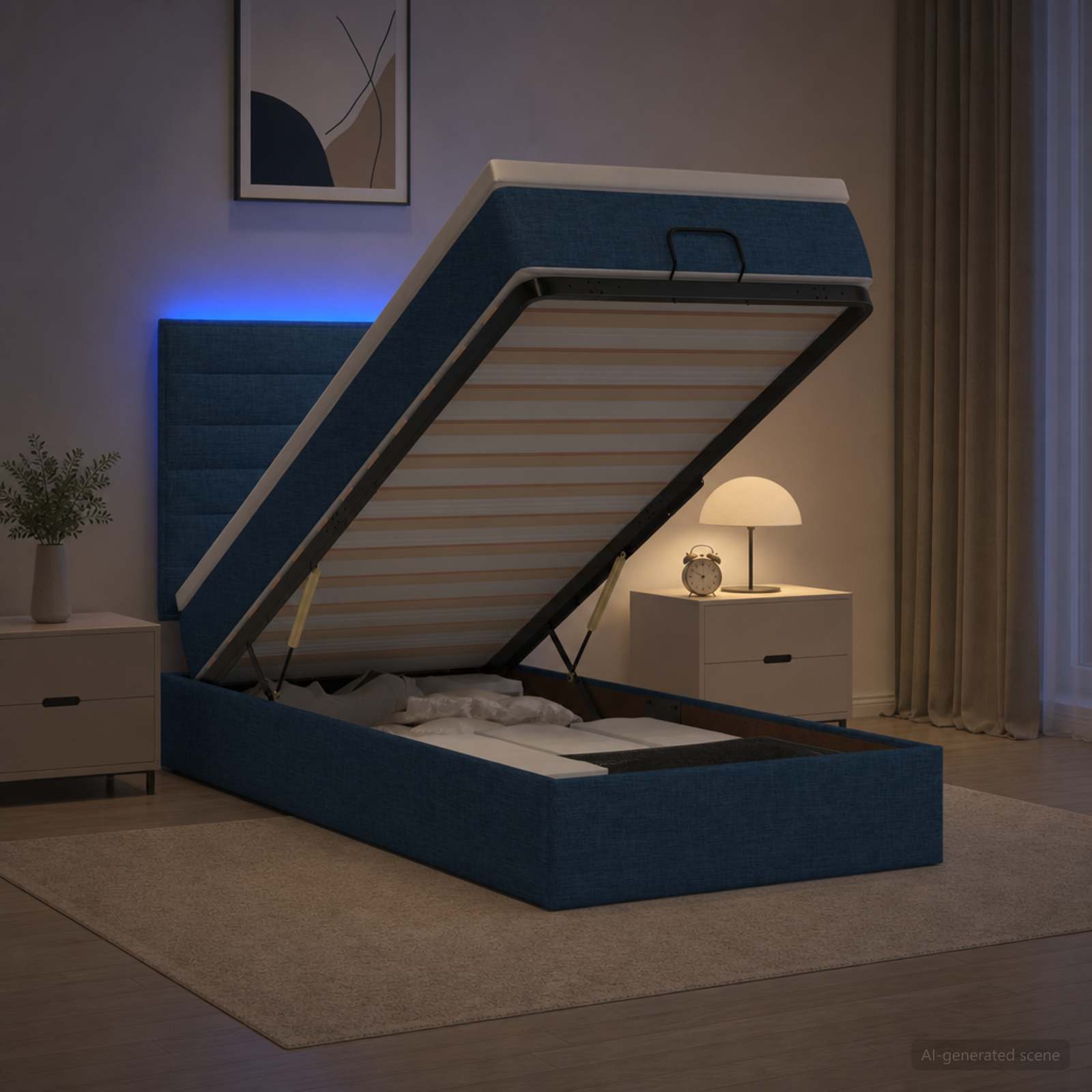 vidaXL Κρεβάτι Ottoman με Στρώμα και LED Μπλε 90 x 190 cm Ύφασμα