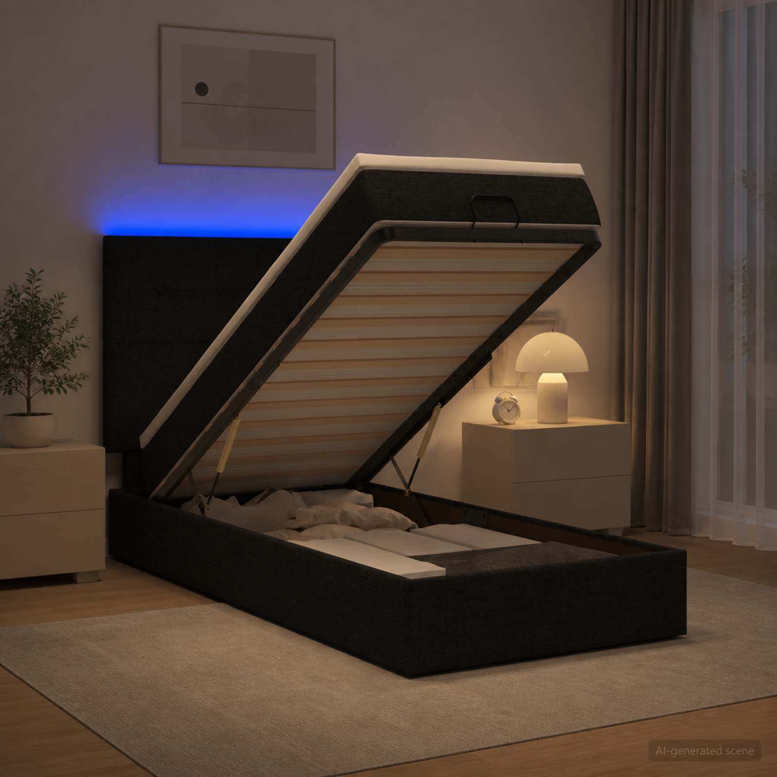 vidaXL Κρεβάτι Ottoman με Στρώμα και LED Μαύρο 100 x 200 cm Ύφασμα