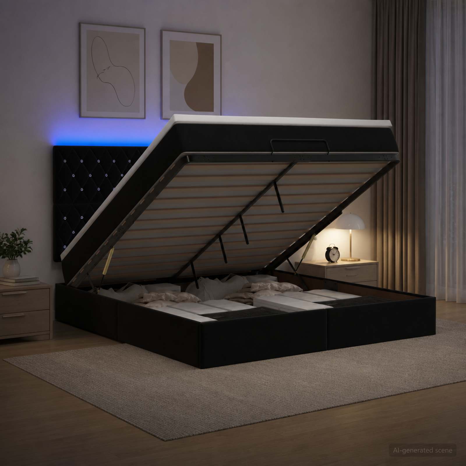 vidaXL Κρεβάτι Ottoman με Στρώμα και LED Μαύρο 140 x 200 cm Βελούδο
