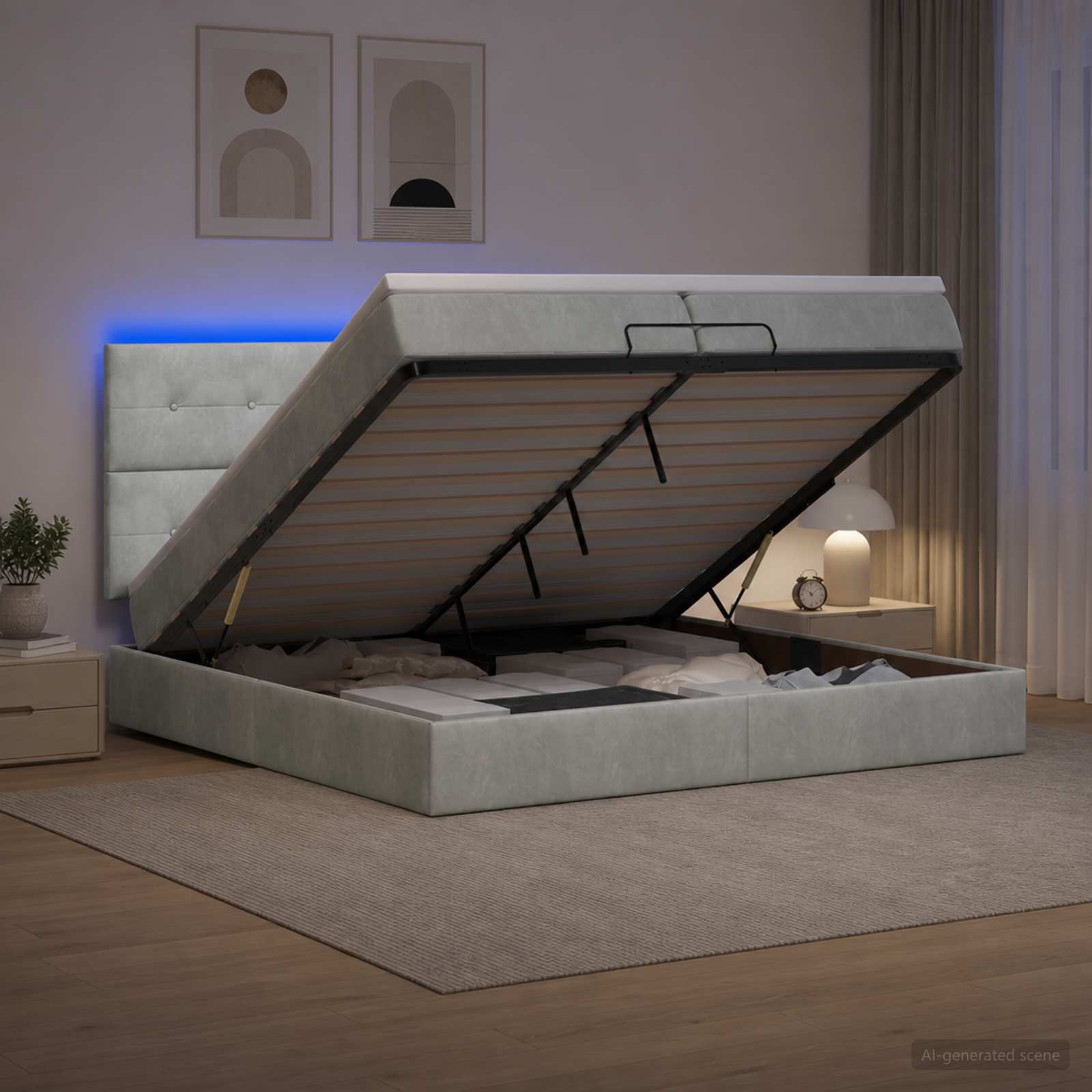 vidaXL Κρεβάτι Ottoman με Στρώμα και LED Ανοιχτό γκρι 200 x 200 cm