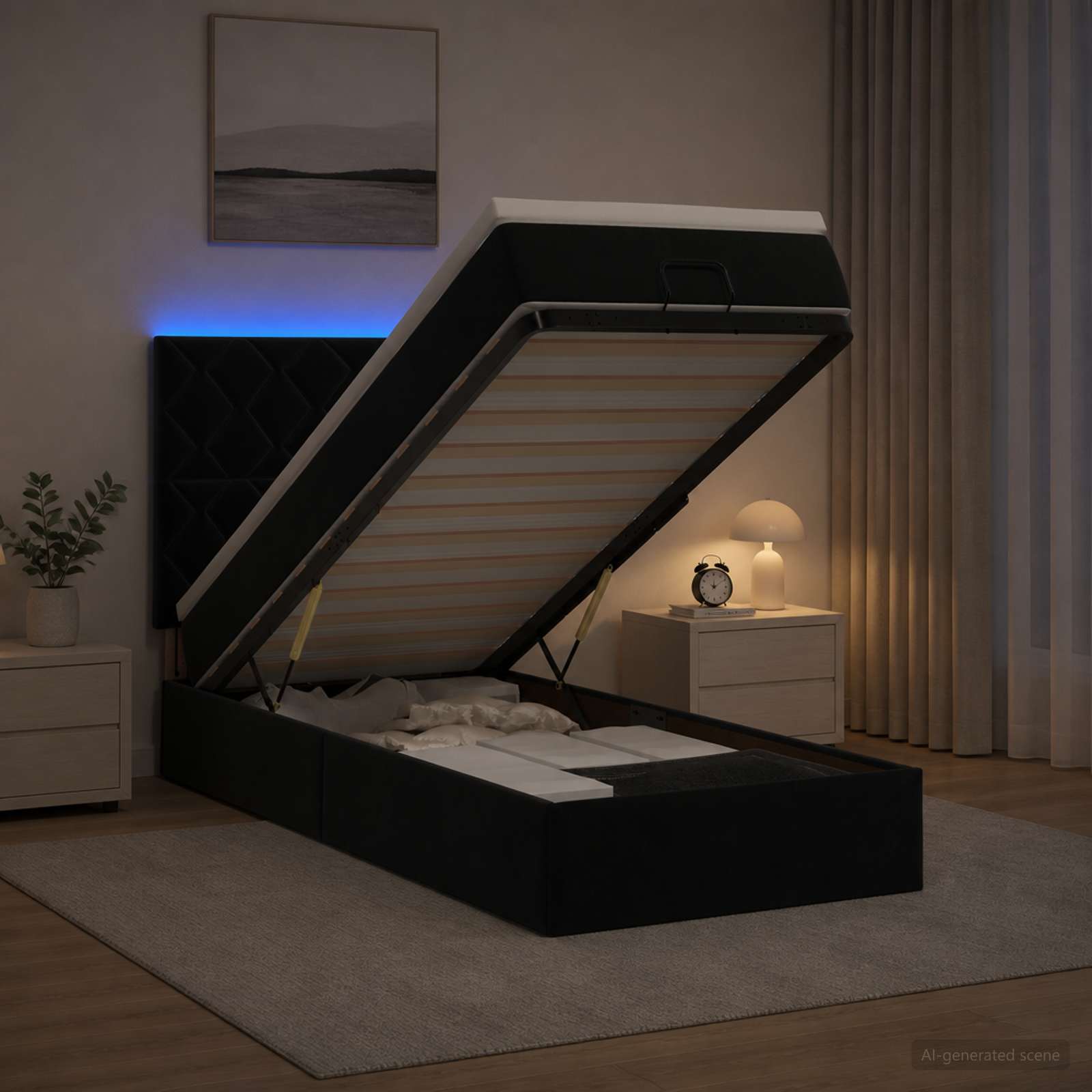 vidaXL Κρεβάτι Ottoman με Στρώμα και LED Μαύρο 90 x 190 cm Βελούδο