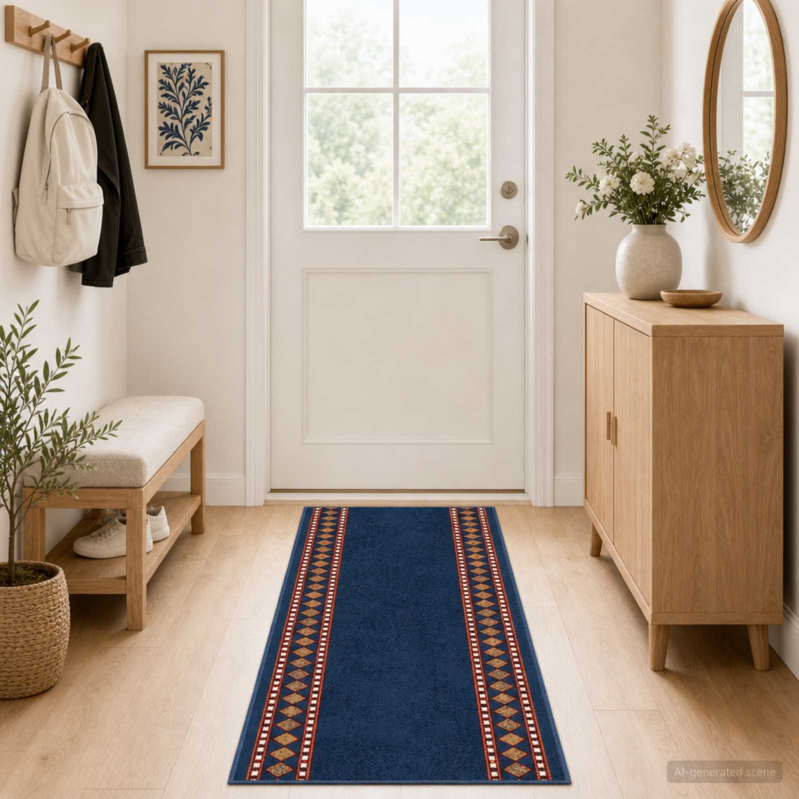 vidaXL Δερμάτινο Χαλί FLORNES Υφαντό Μπλε Διαμάντια 67 x 200 cm PP