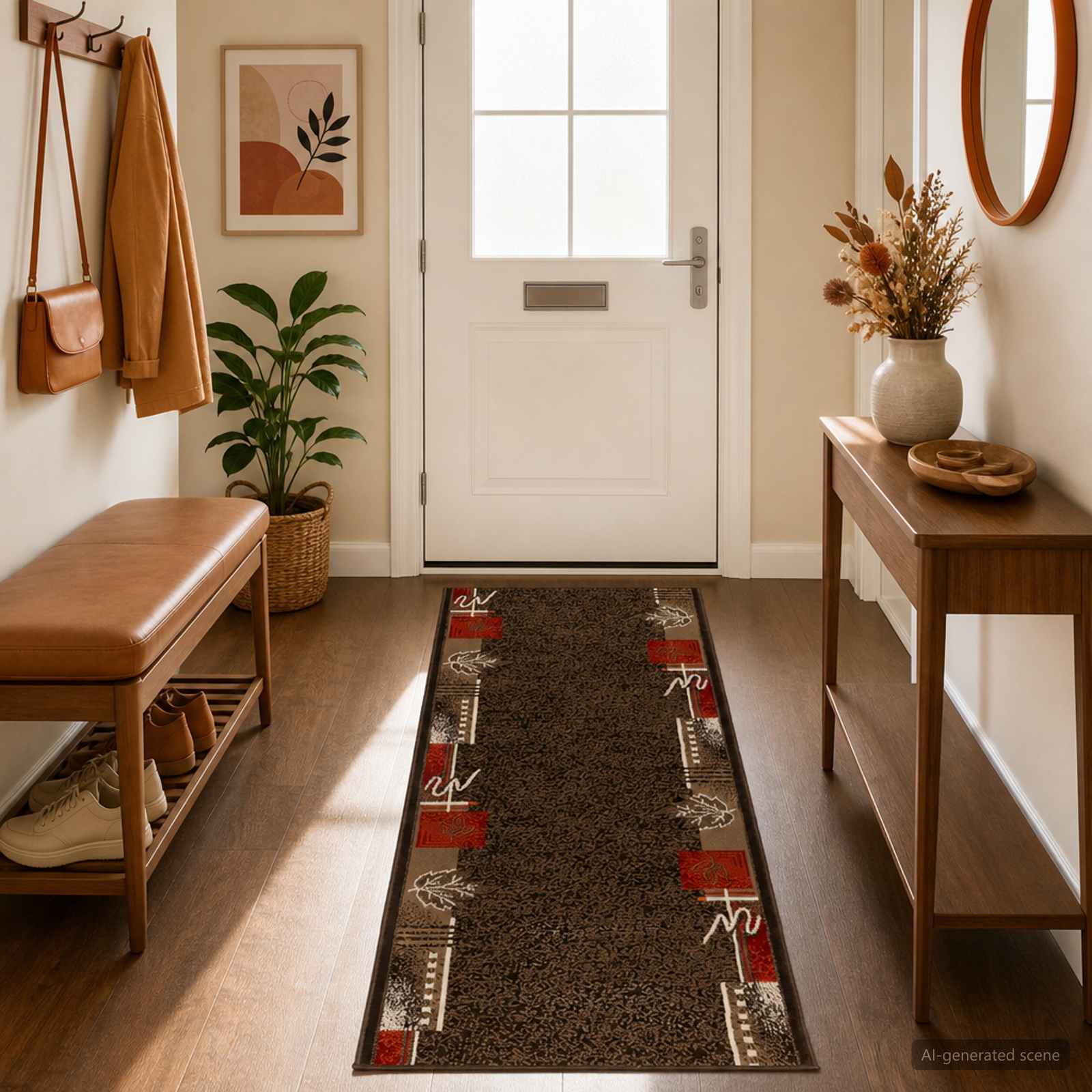 vidaXL Δερμάτινο Χαλί FLORNES Υφαντό Καφέ Φύλλα 67 x 150 cm PP 7 mm